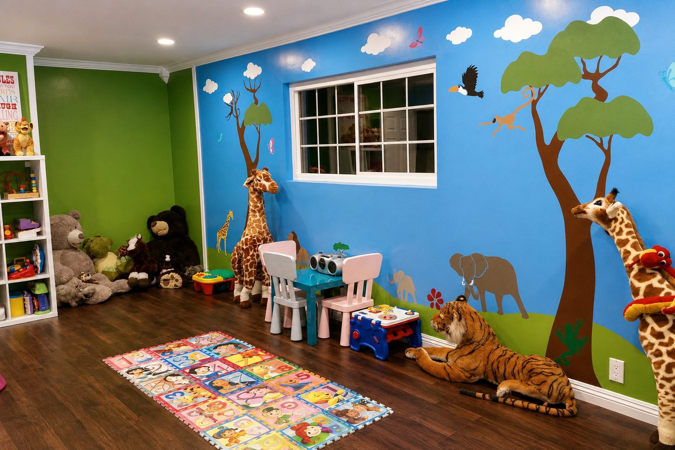 Colorful playroom at Shila’s Daycare in Reseda with an animal mural, children’s furniture, toys, and learning areas.